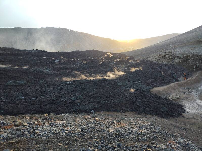 Steam emitted from the edge of the lava flow at Fagradalsfjall volcano.