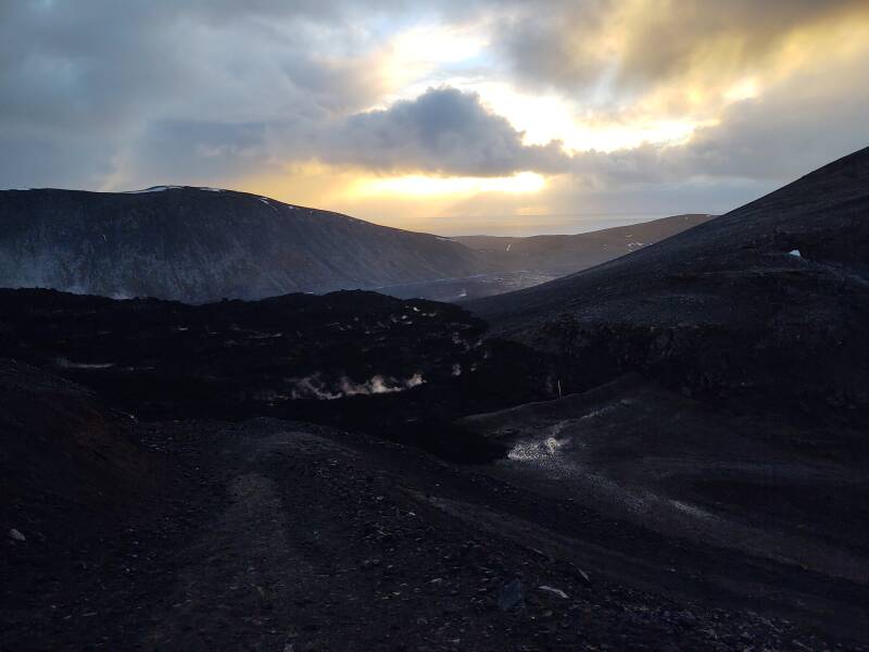 Steam emitted from the edge of the lava flow at Fagradalsfjall volcano.