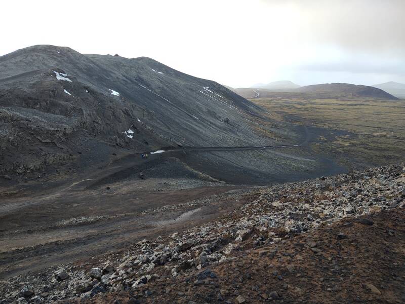 Starting back down from the edge of the lava flow at Fagradalsfjall volcano.