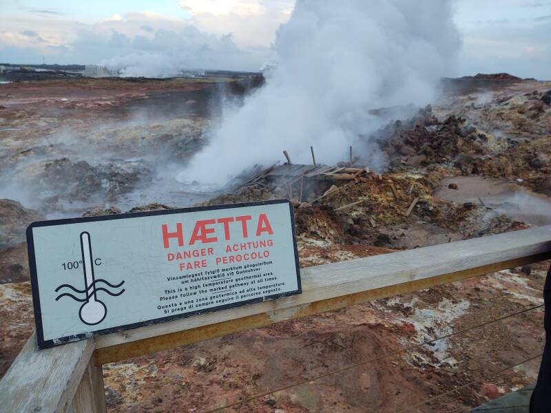 A sign at the Gunnuhver hot springs warns of the danger of getting off the boardwalk.