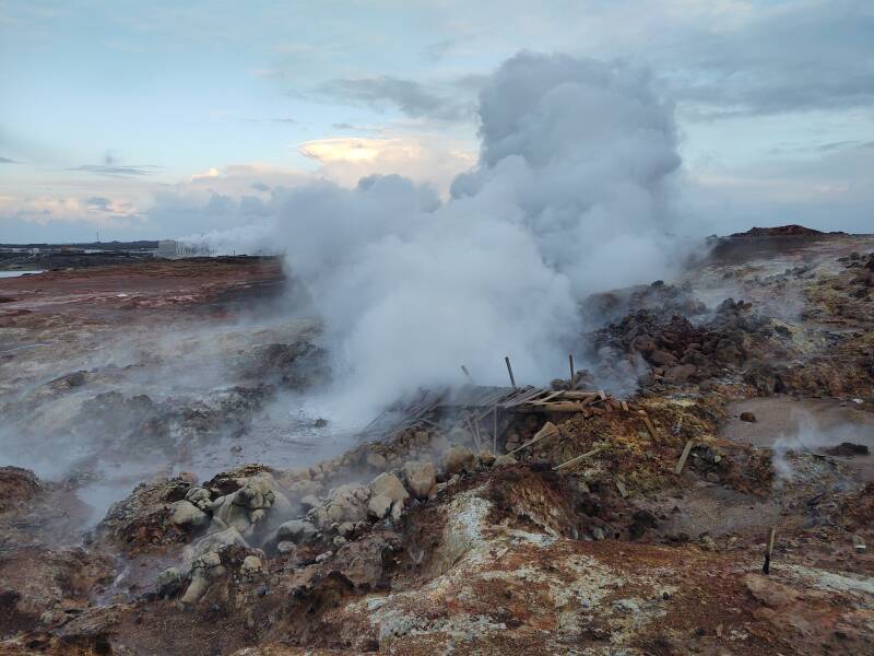 The old wooden walkway has collapsed into the boiling water and mud at the Gunnuhver hot springs.