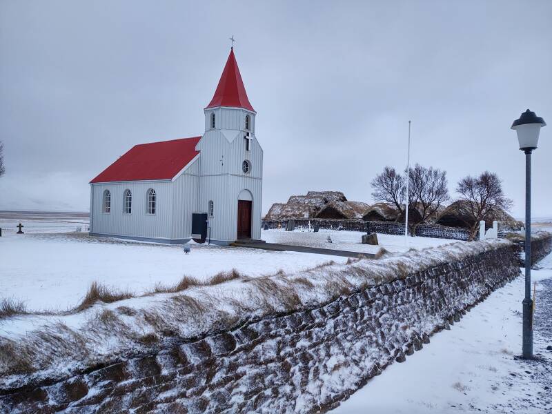White and red church at Glaumbær along Highway 75 south of Sauðárkrókur.