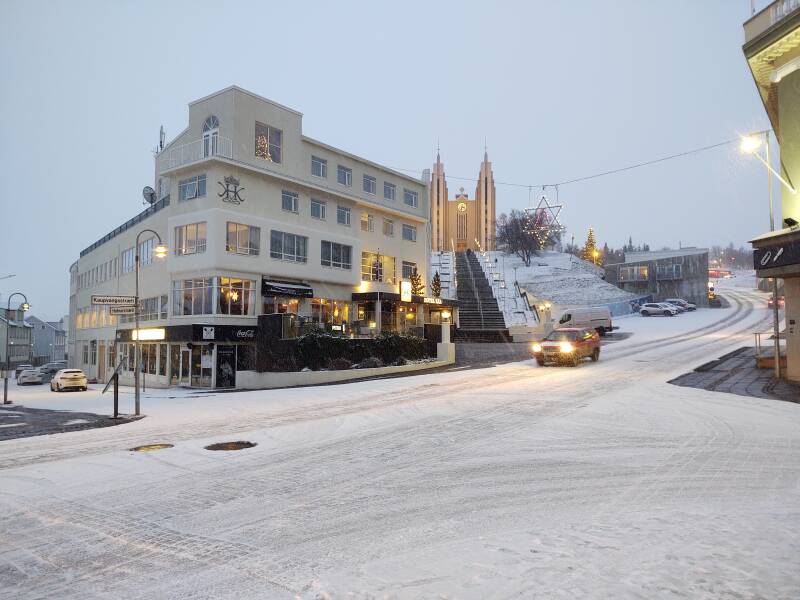 In the center of Akureyri, with Akureyrarkirkja up the hill.