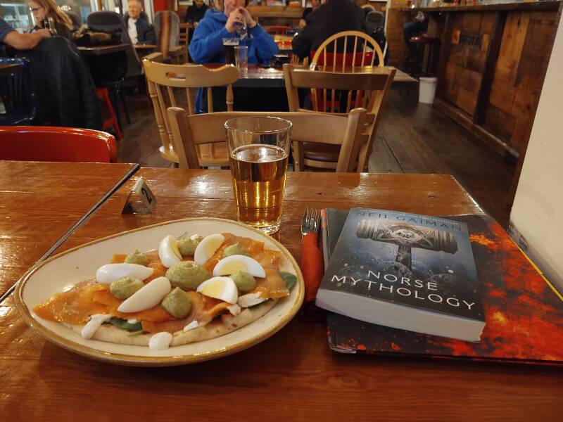 Smoked salmon and Neil Gaiman's 'Norse Mythology' at Akureyri Backpackers.