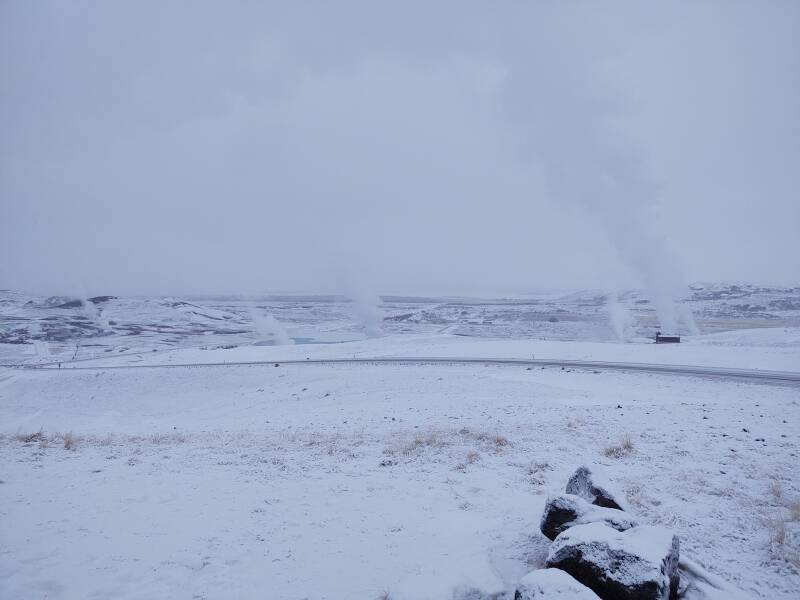 Geothermal springs around Mývatn along Highway 1 between Egilsstaðir and Akureyri.