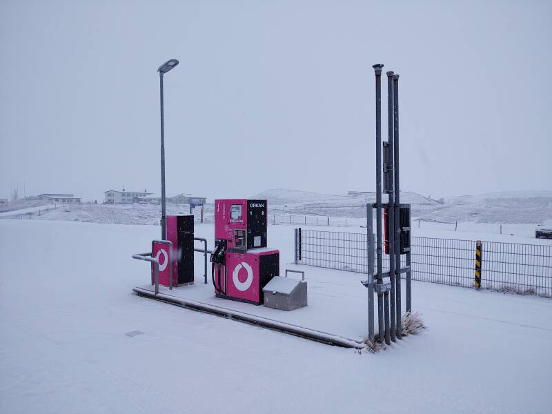 Bright pink Orkan fuel pumps around Mývatn along Highway 1 between Egilsstaðir and Akureyri.