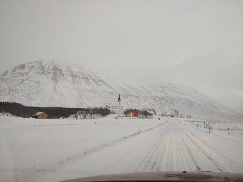 Approaching Hólar, cathedral and cemetery.