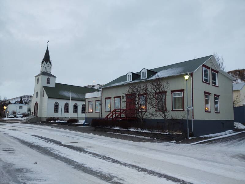 A home and the church in Sauðárkrókur.