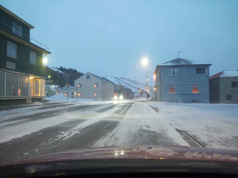 Cold winds blow powdery snow through Sauðárkrókur.