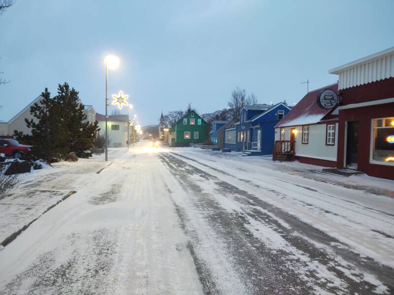 Cold winds blow powdery snow through Sauðárkrókur.