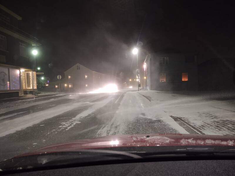 Cold winds blow powdery snow through Sauðárkrókur.