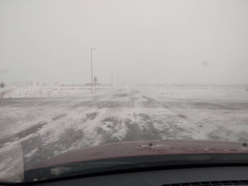 Snow blowing in Sauðárkrókur.