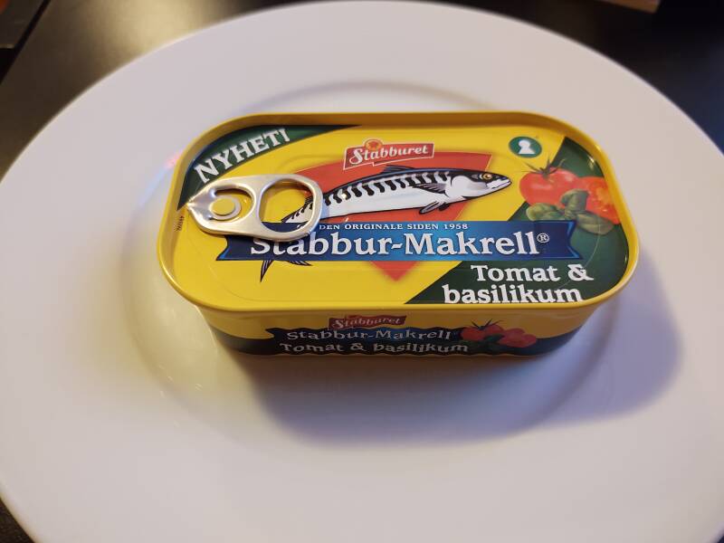 Tin of Stabburet brand mackerel.