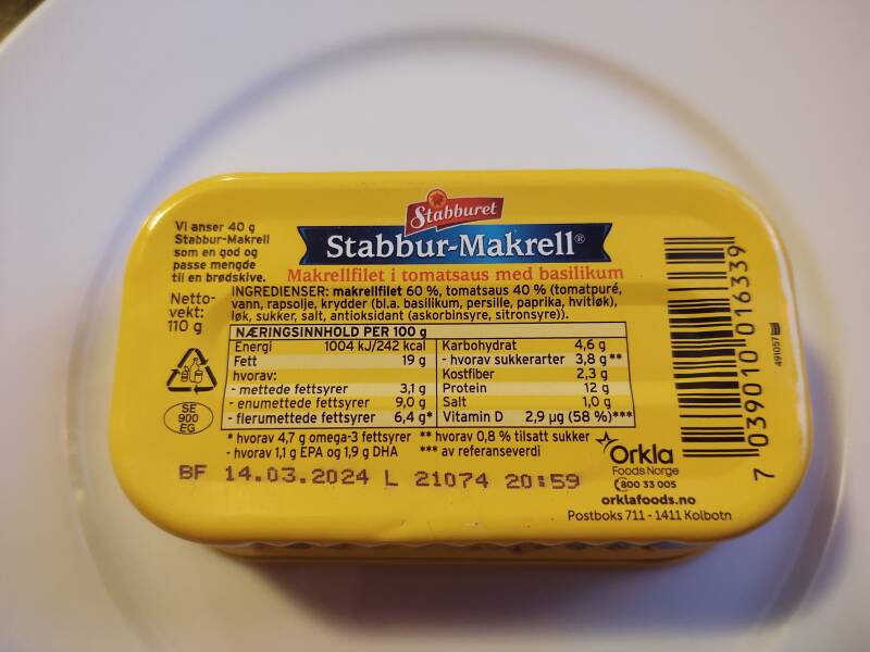 Tin of Stabburet brand mackerel.