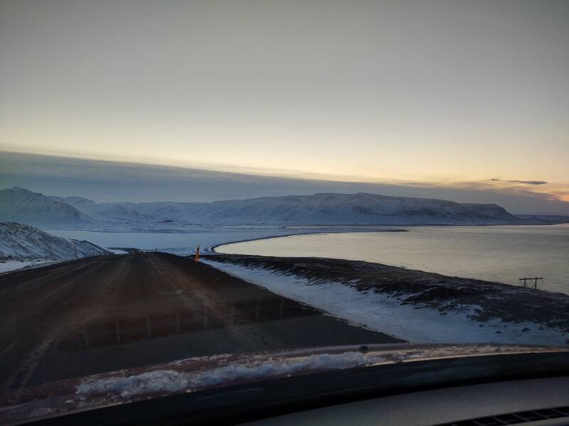Driving south down the east coast of the Tröllaskagi peninsula, entering the Miklavatn inlet.