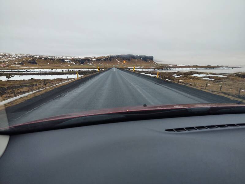 Blinking yellow light for a single-lane bridge northeast of Kirkjubæjarklaustur along the Ring Road in Iceland.