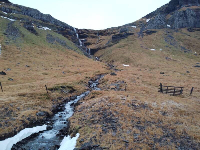 Waterfalls and basalt formations along the Ring Road in Iceland.