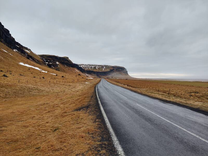 Waterfalls and basalt formations along the Ring Road in Iceland.