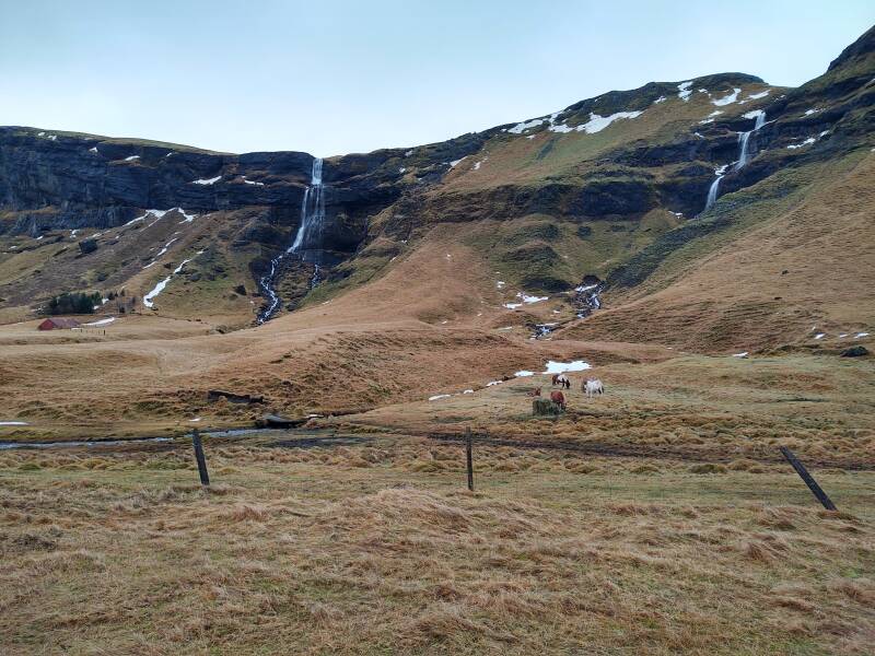 Waterfalls and basalt formations along the Ring Road in Iceland.