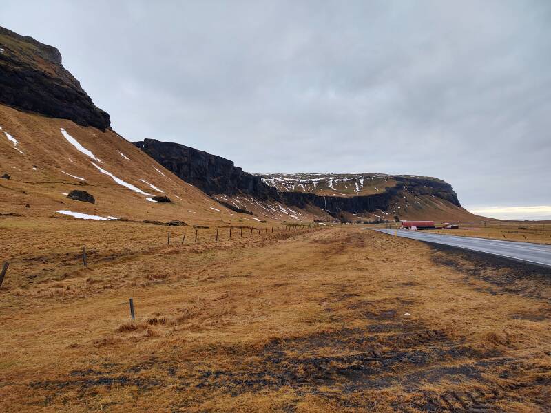 Waterfalls and basalt formations along the Ring Road in Iceland.