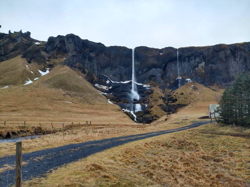 Waterfalls and basalt formations along the Ring Road in Iceland.