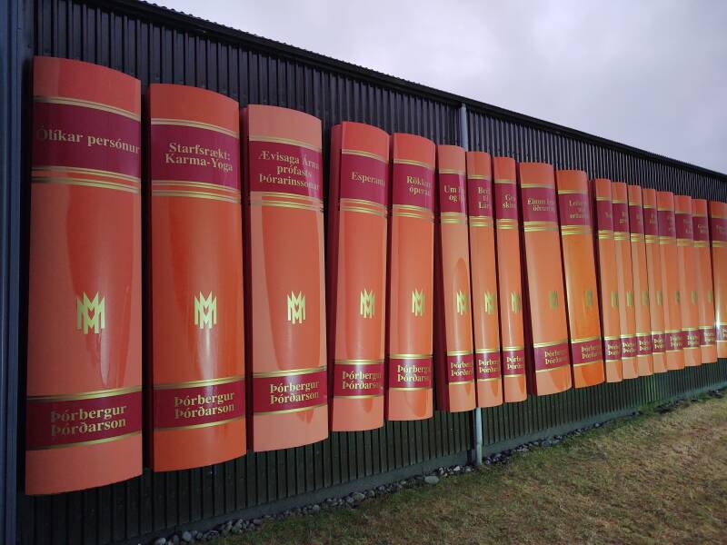 Giant bookshelf monument to Þórbergur Þórðarson in Hali on the Ring Road in Iceland.