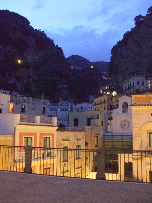 Looking over Atrani's Piazza Umberto and back the valley, from the coast road.