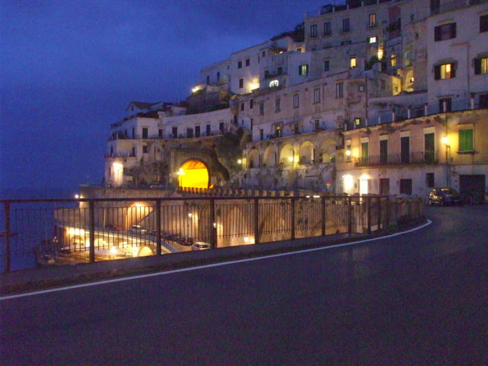 The coast road through Atrani in the evening.