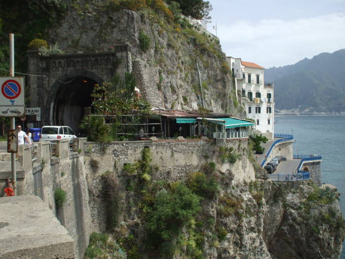The cafe Zaccaria, built on the cliff face beside the narrow road to Atrani, on the Amalfitani coast.