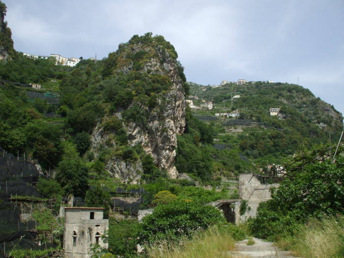 The view ahead, the high hills over Atrani leading toward the peninsula's central ridgeline.