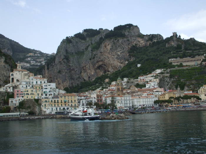 On the boat, arriving in Amalfi.