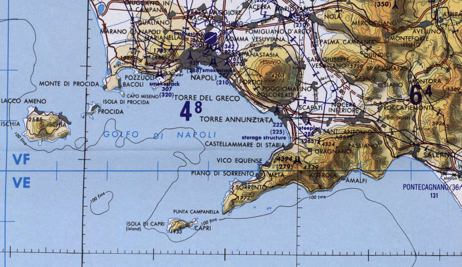 Map of the Sorrento peninsula, from Napoli to Sorrento, including the Amalfitani coast.