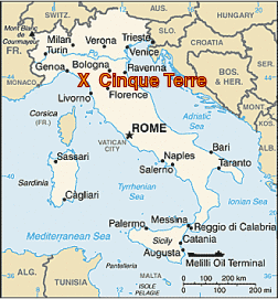 Map of Italy showing the location of Cinque Terre.