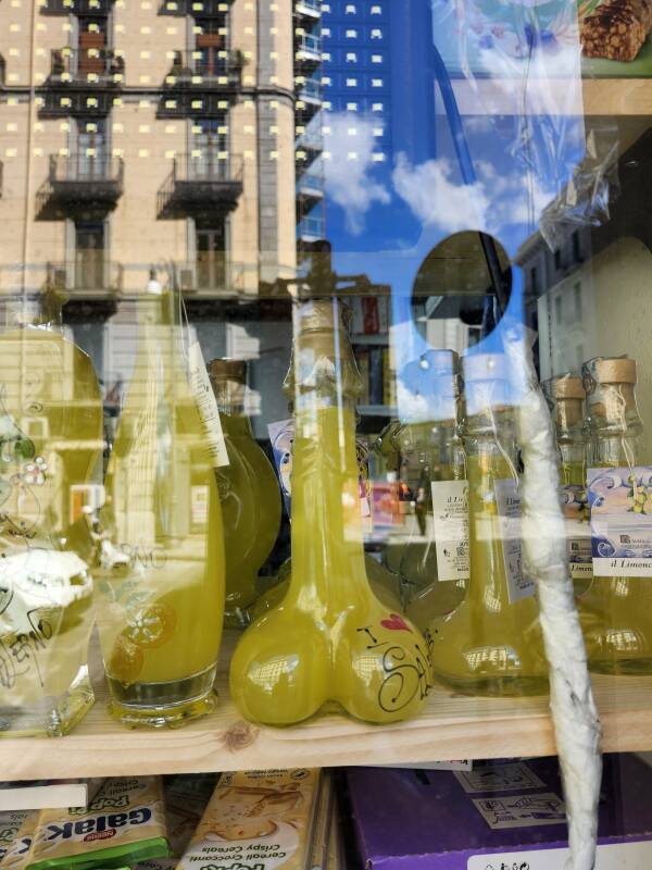 Phallic limoncello bottles.