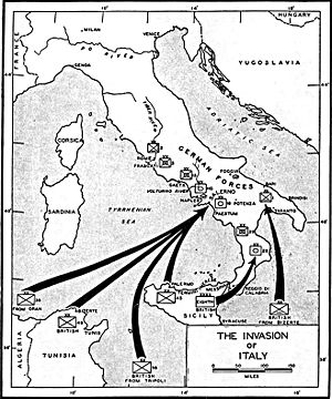 Map of the 1943 invasion of Italy from https://en.wikipedia.org/wiki/File:Invasionofitaly1943.jpg