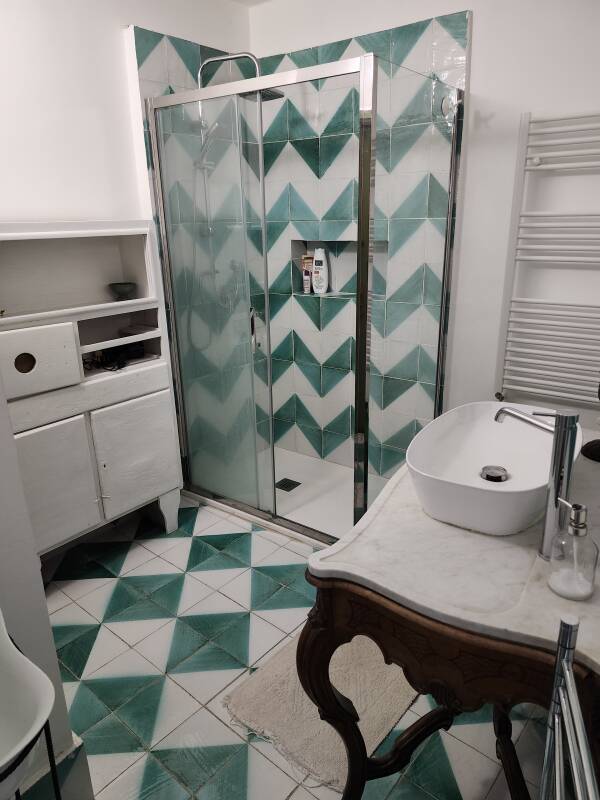 Bathroom: sink and shower.