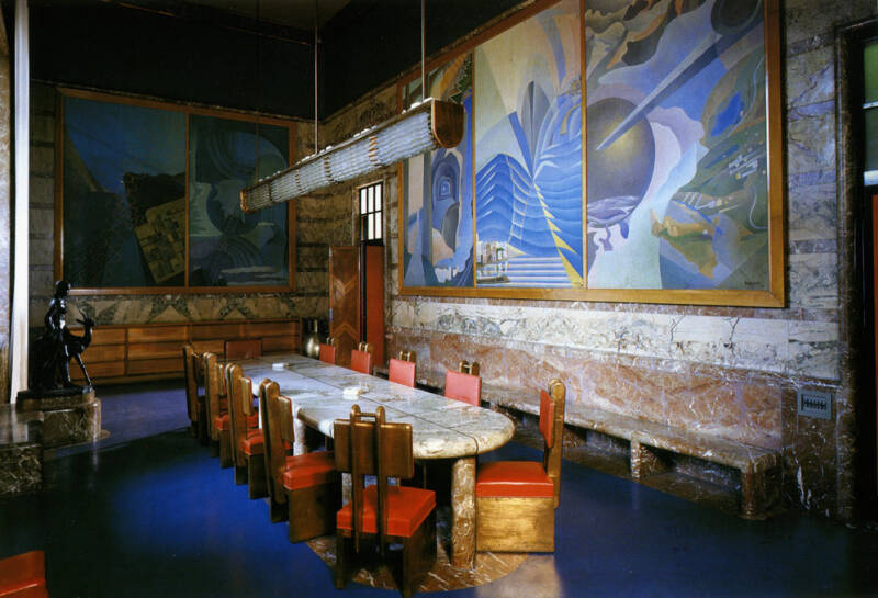 The five Futurist murals in the conference room of the Palazzo delle Poste.