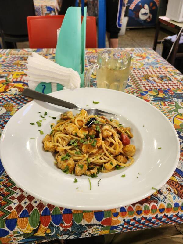Lunch: Pasta with swordfish, white wine.