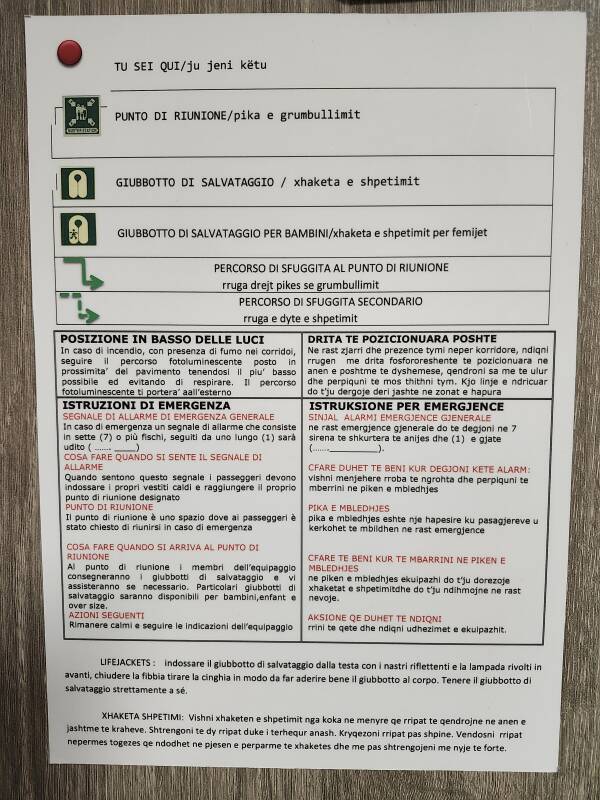 Italian / Albanian information sheet in the cabin.