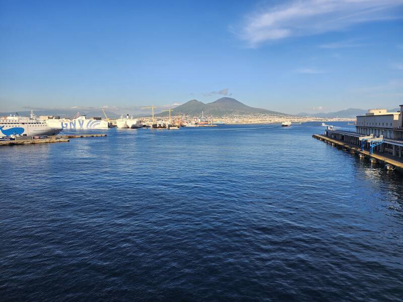 Mount Vesuvius and Naples harbor, seen from an overnight ferry to Palermo while still loading.