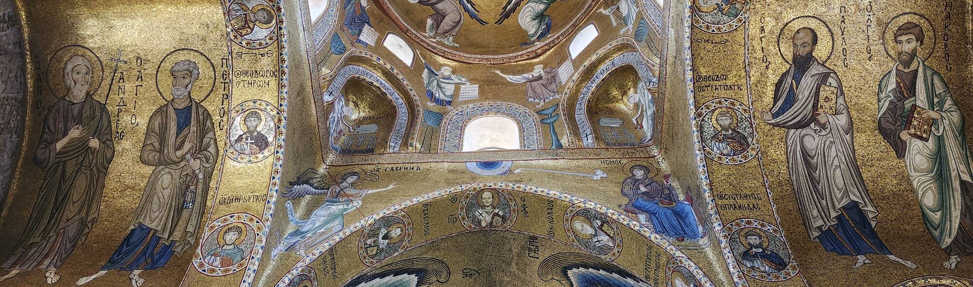 Mosaics in Chiesa di Santa Maria dell'Ammiraglio, also known as Martorana, in the historic center of Palermo.