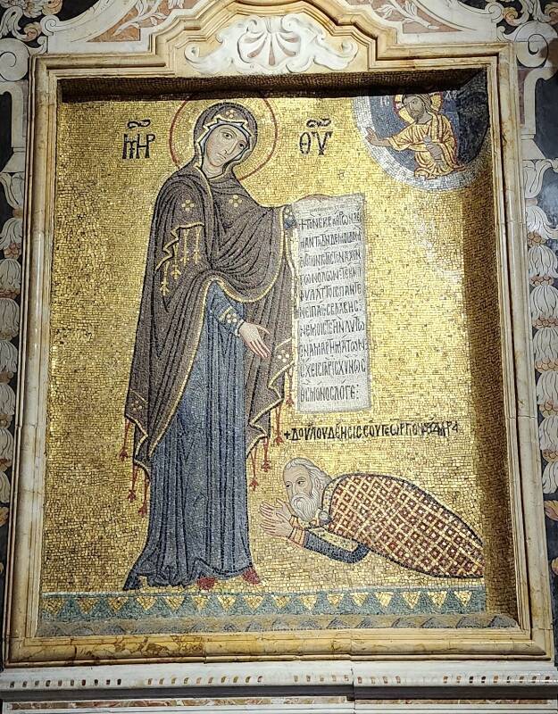 Detail of the Byzantine mosaic of George as a supplicant to the Virgin Mary.