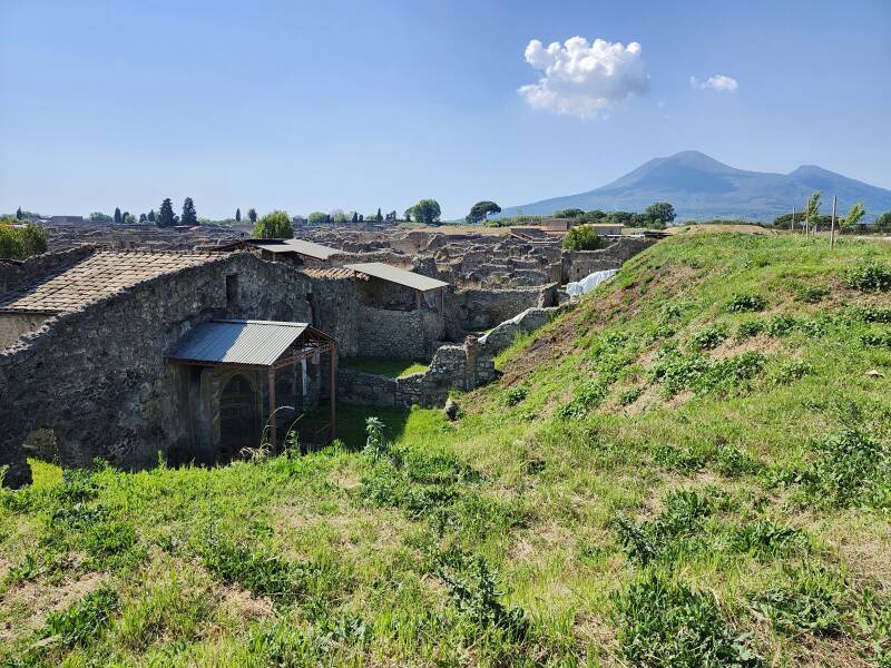 Excavated and still-buried sections of Pompeii.