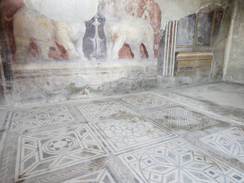Geometric mosaic floor and fresco of exotic animals in an elite home along the south side of Via dell'Abbondanza.