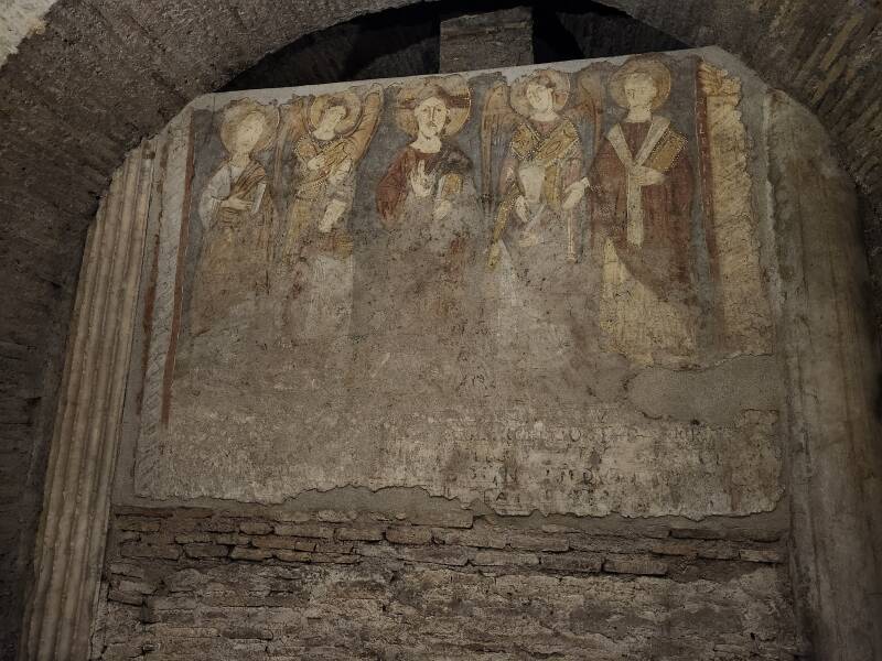 Fresco once thought to depict Christ blessing Cyril and Methodius, now thought to be a funerary marker depicting the couple buried here.