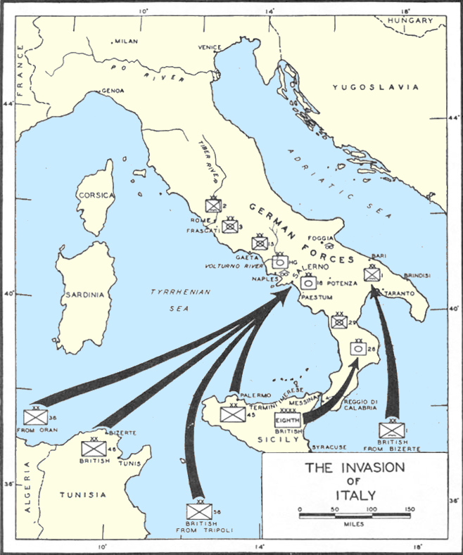 Map of the September 1943 landings around Salerno, starting the invasion of Italy.