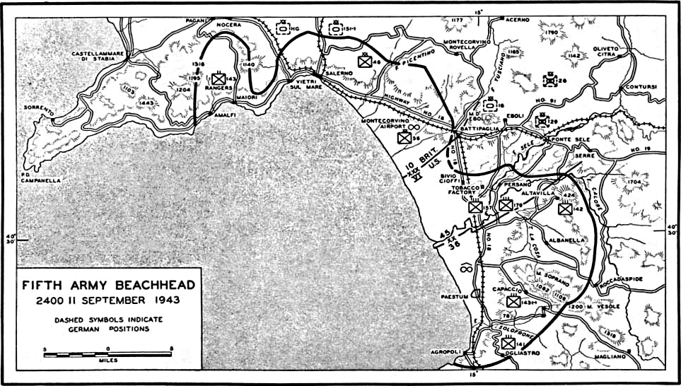 Map of the Fifth Army's beachhead around Salerno at 2400 on 11 September 1943.