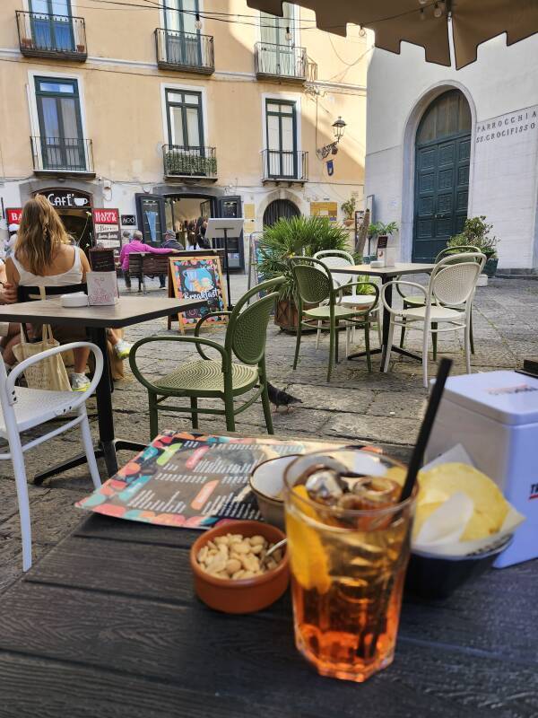 Apertivo of Aperol spritz and snacks.