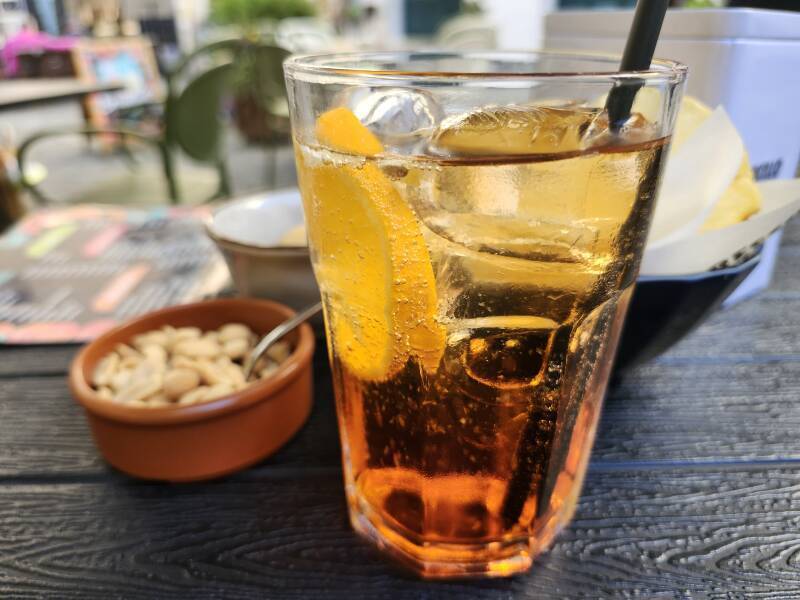 Apertivo of Aperol spritz and snacks.