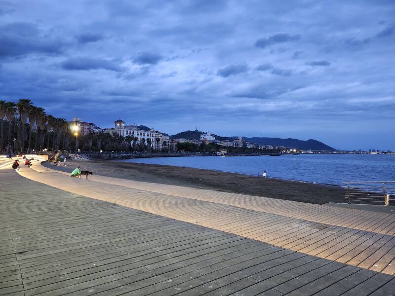 Boardwalk and beach in Salerno.